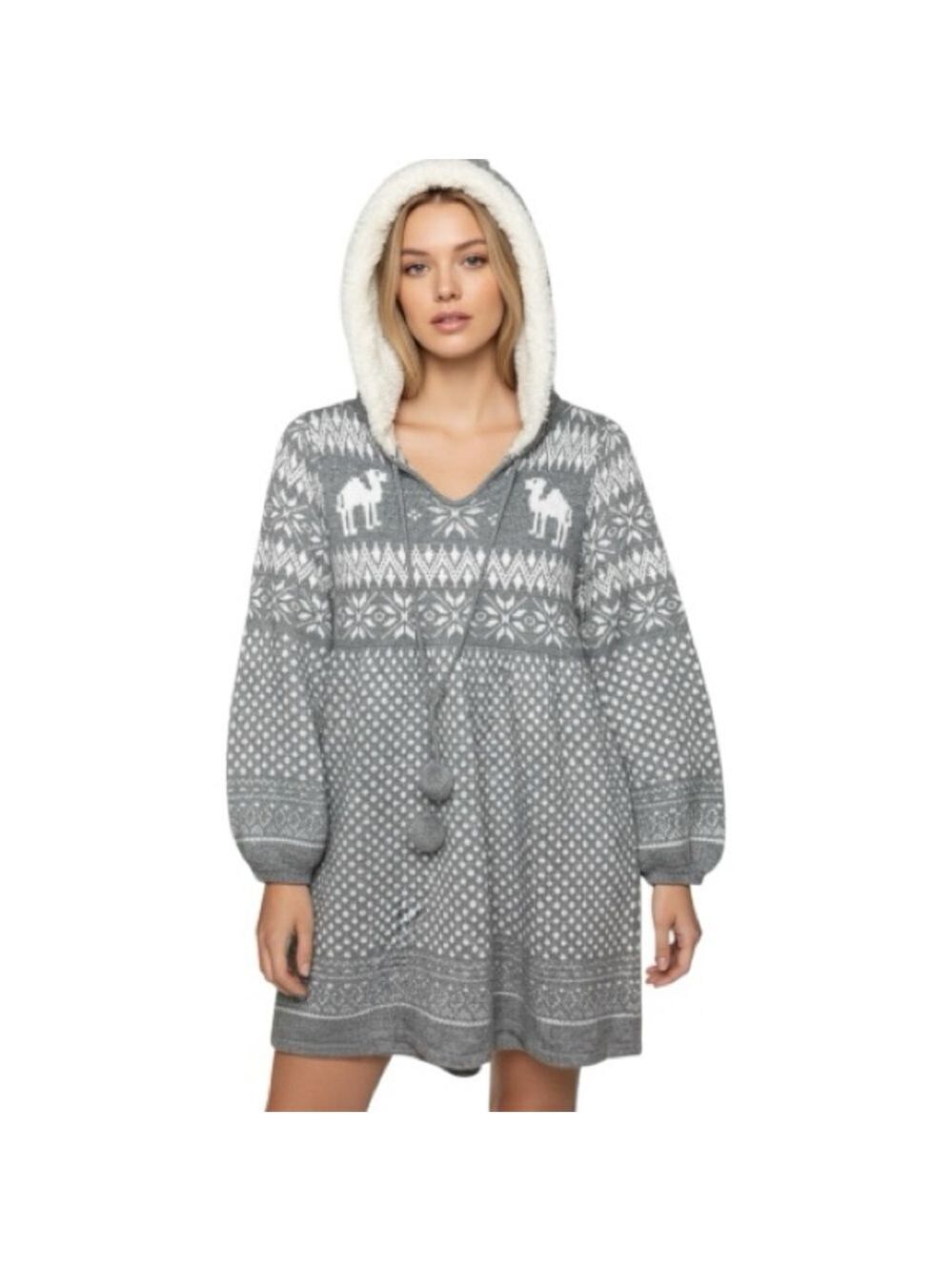 ZARA TRF Knitwear Gray Sweater Dress Hooded Fleece Sz M Balloon Sleeve Festive